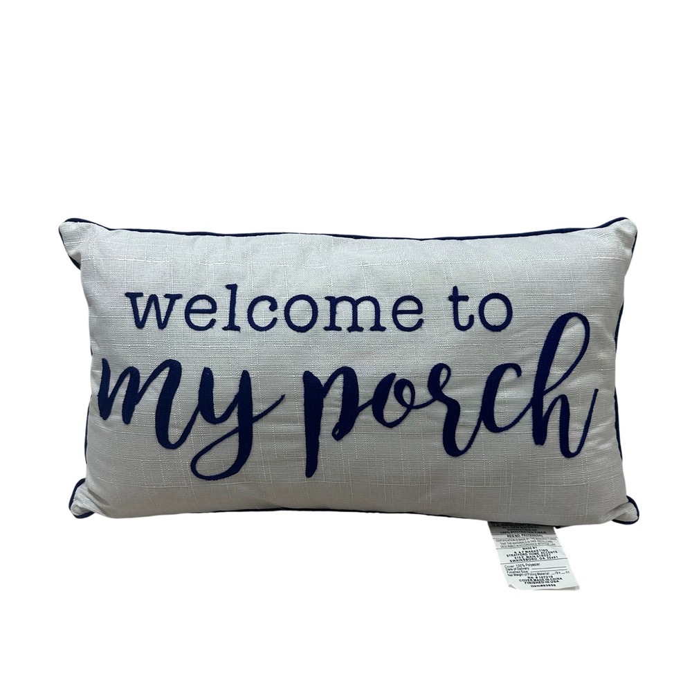 Stratford Outdoor Welcome to My Porch‎ Lumbar Pillow Navy Blue White Reversible